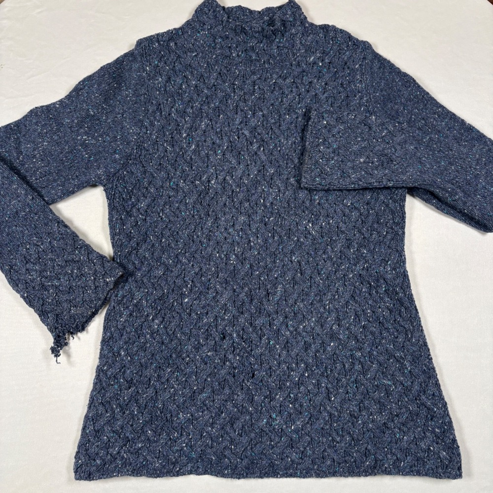 Islander Sweater Women L Wool Cashmere Mock Neck Navy Blue Donegal Tweed Ireland